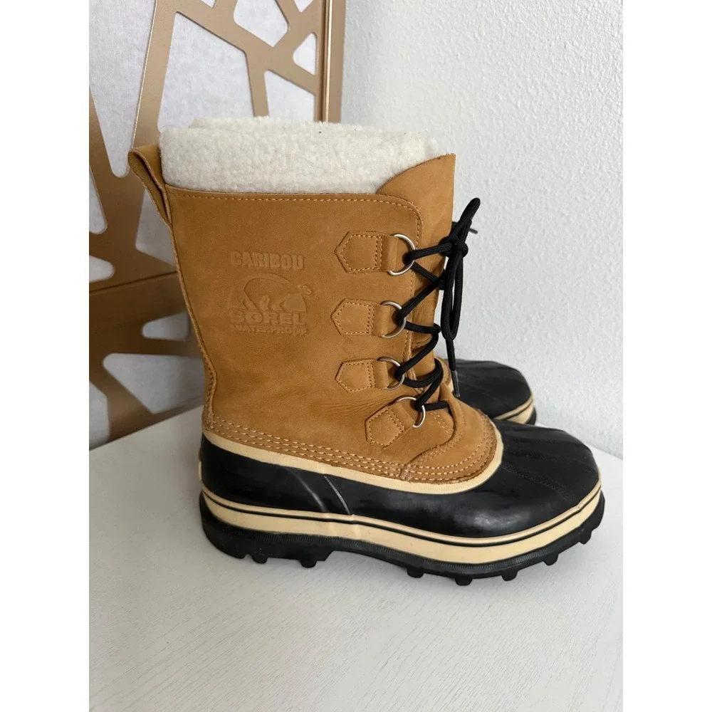 Sorel Caribou Mens Waterproof Winter Snow Boots Buff Tan Black NM1000-281 SZ 10
